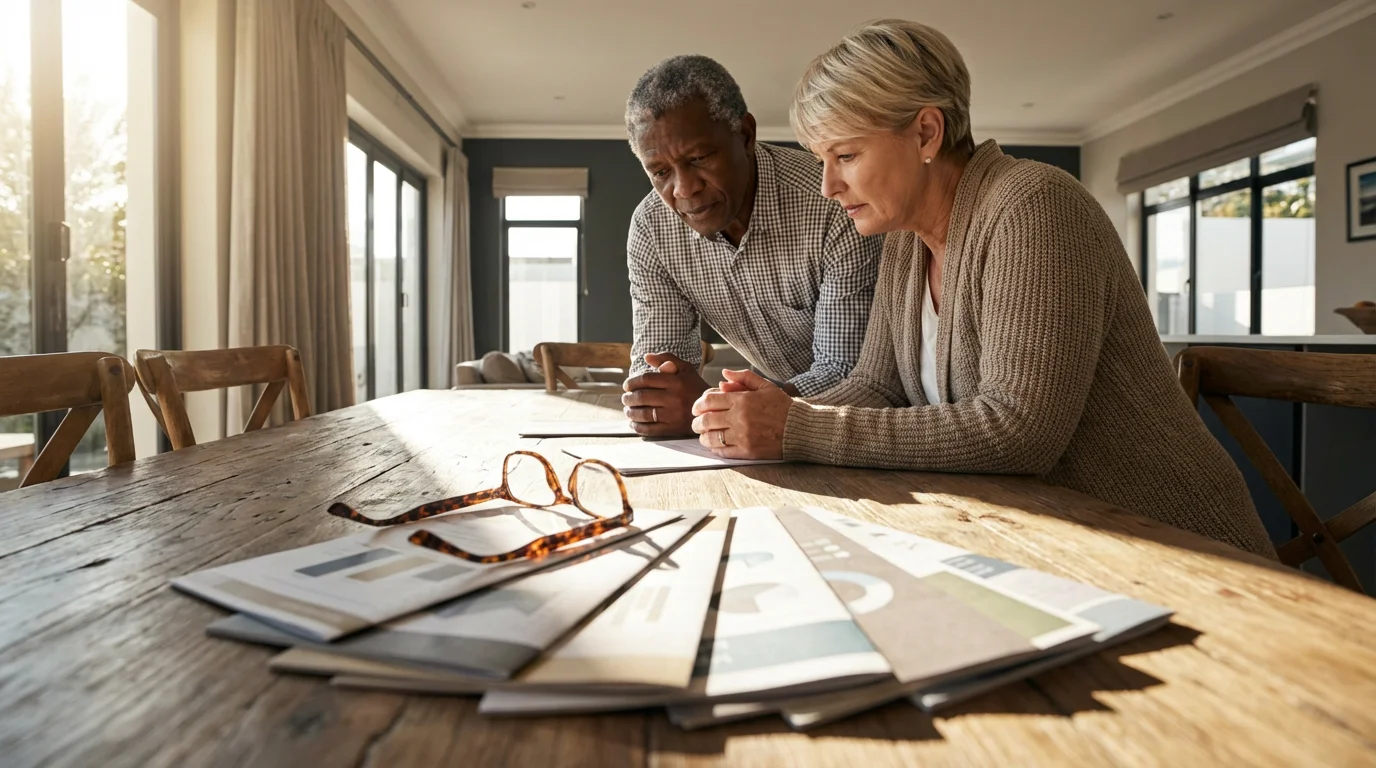 A senior couple sits at a dining table seriously discussing supplemental vision coverage options.