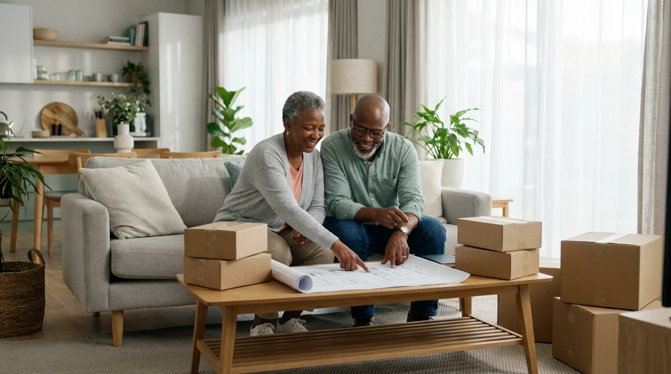 A senior couple sits in a bright living room, reviewing blueprints and planning a change.