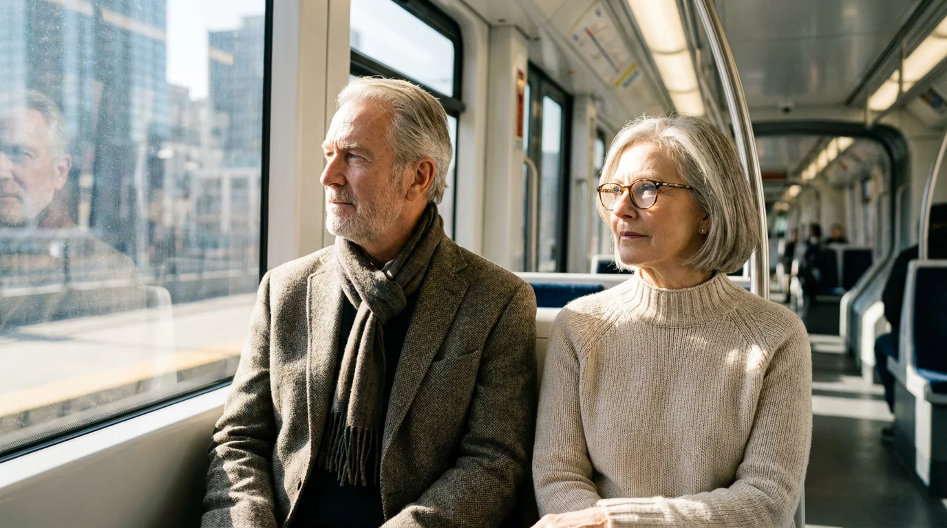 A senior couple sits on a modern city bus, looking out the window.