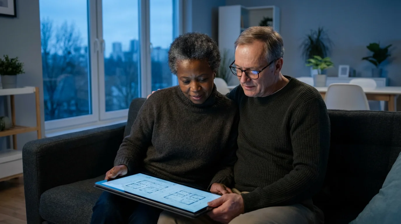 A senior couple sits on a sofa in the evening, planning on a tablet.
