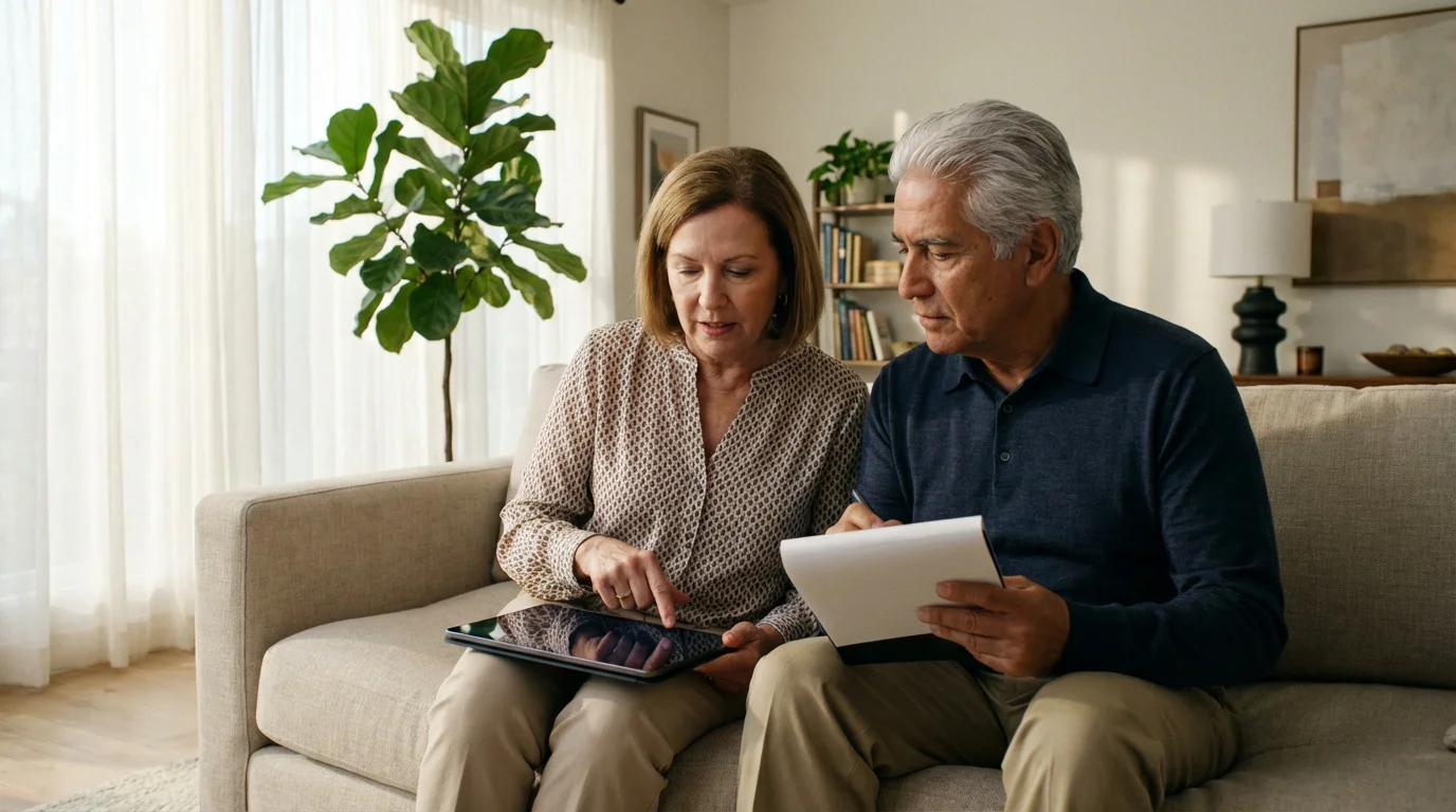 A senior couple sits on a sofa in their bright living room, researching on a tablet.