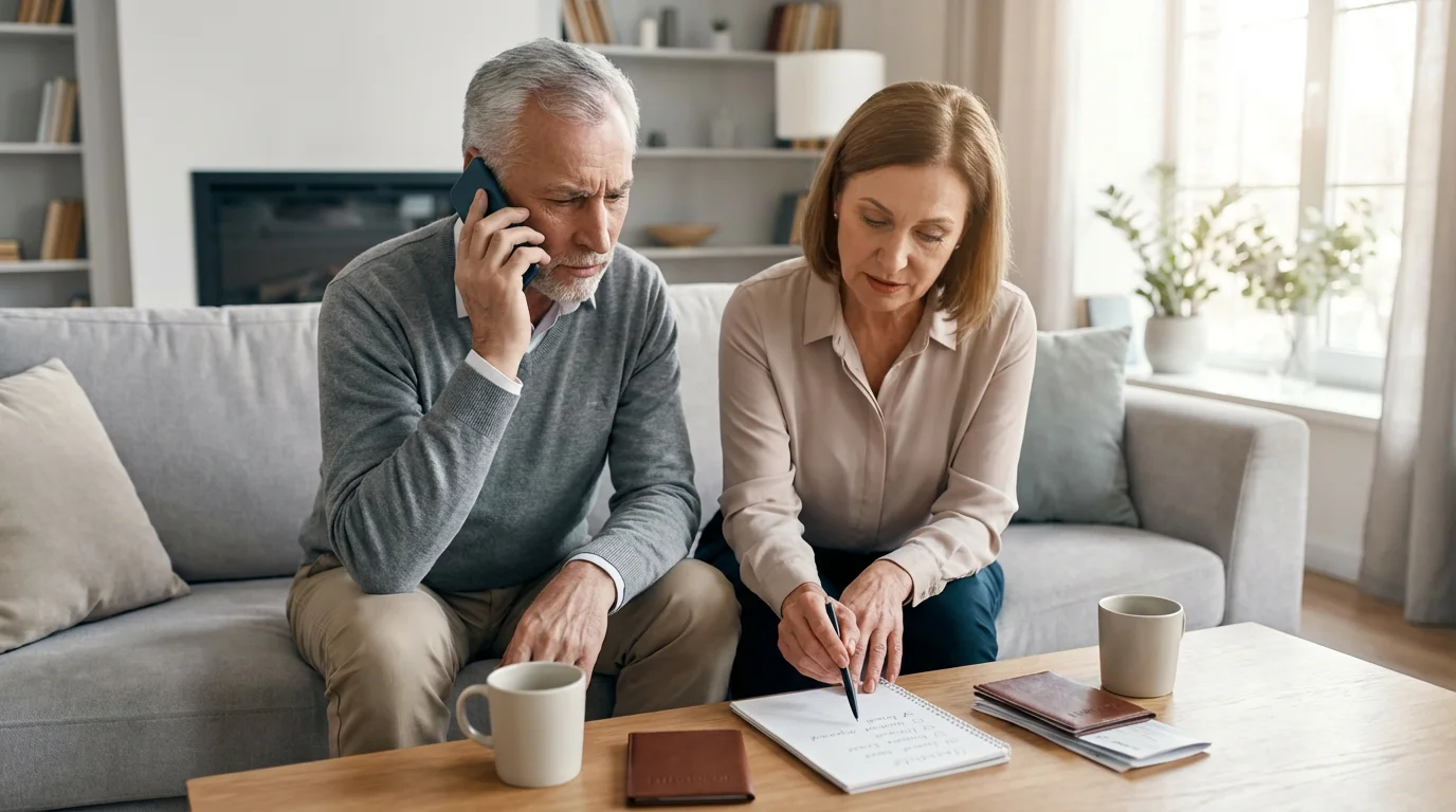 A senior couple sits on a sofa, planning their trip with a phone and checklist.