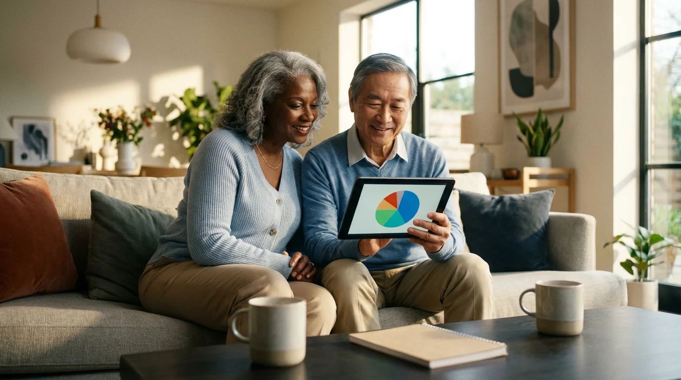 A senior couple sits on a sofa, using a tablet to categorize their retirement budget.