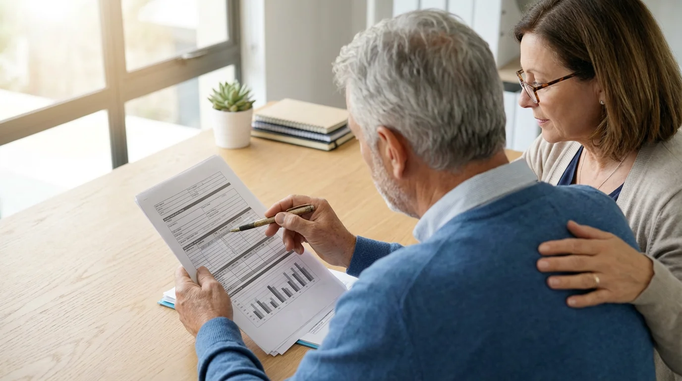 A senior couple sits together at a desk reviewing a financial document in a brightly lit room.