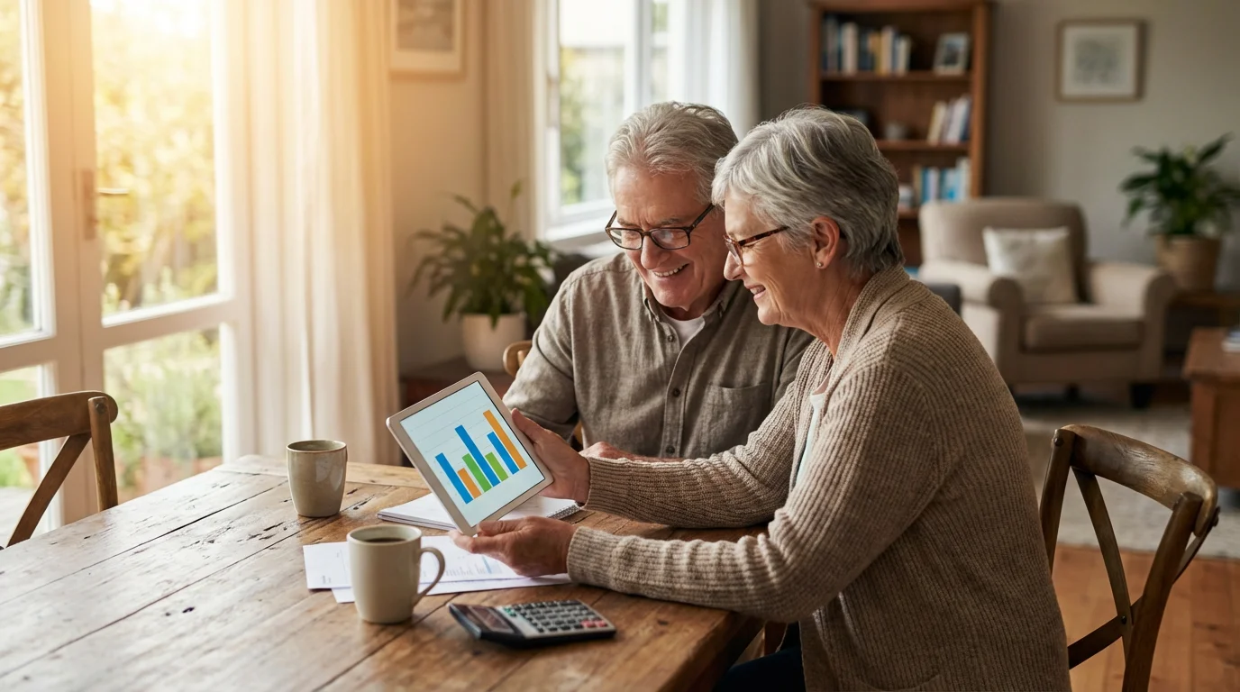 A senior couple sitting at a table reviewing their finances on a tablet.