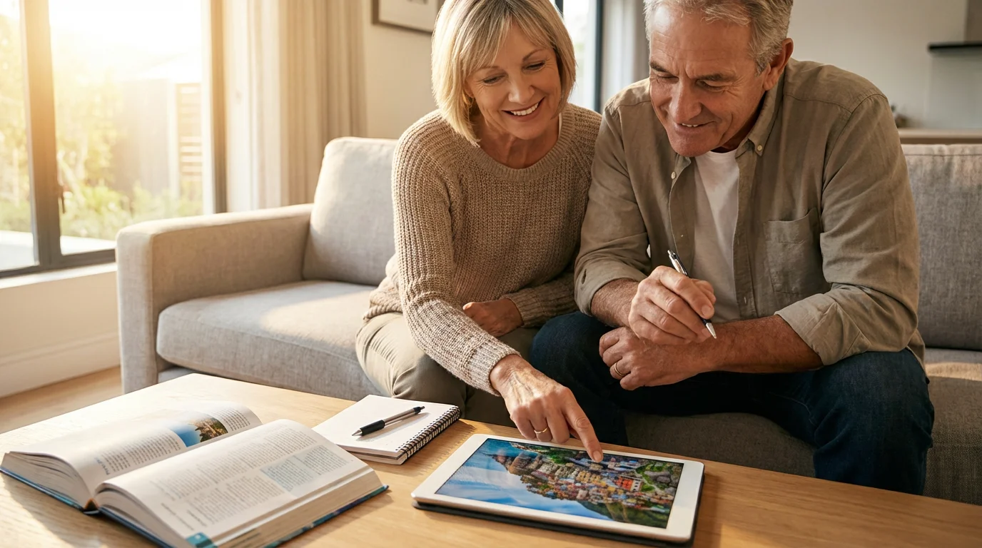 A senior couple sitting in a sunlit room planning their travel budget with a tablet.