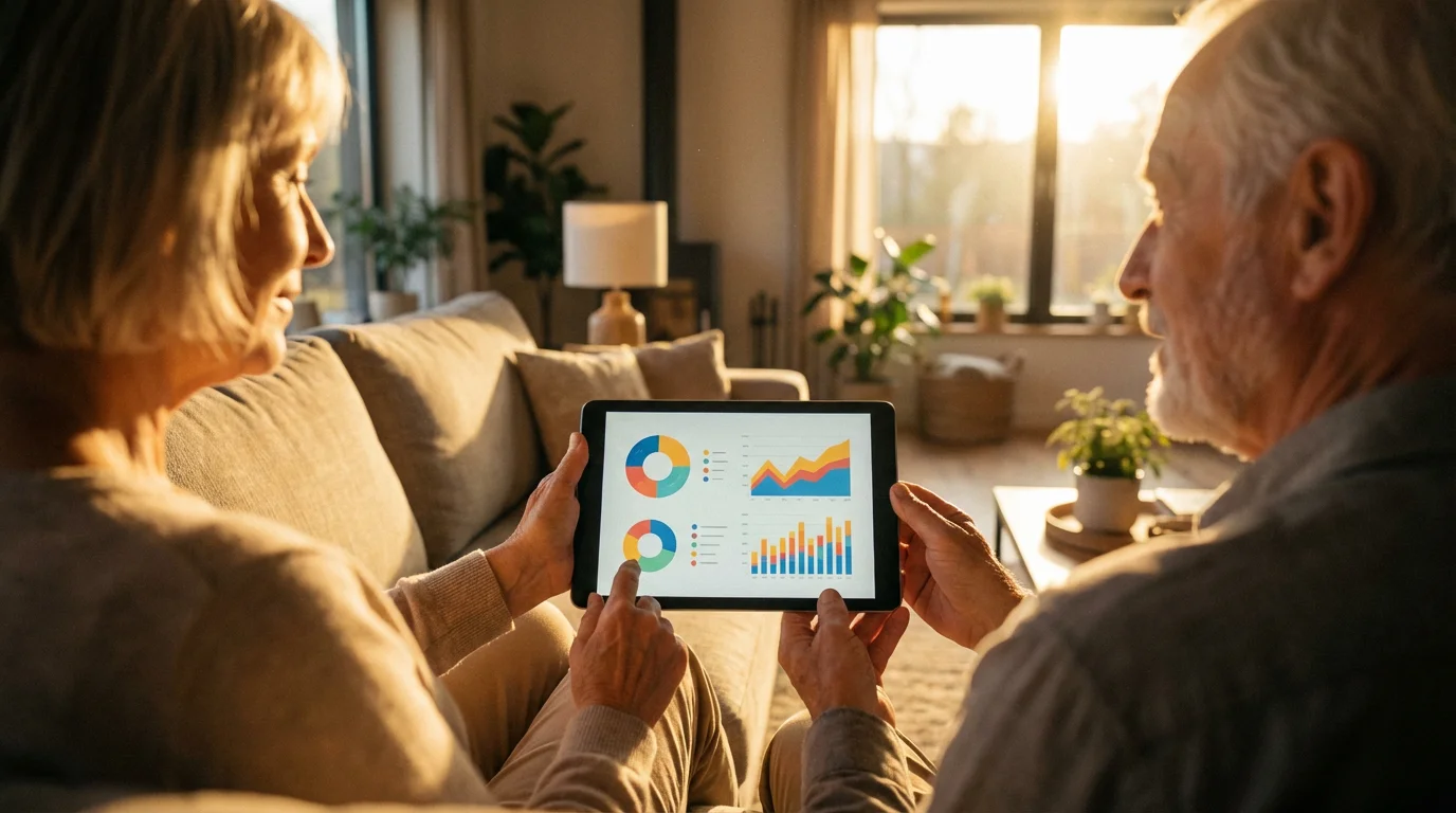 A senior couple sitting on a sofa reviewing financial charts on a tablet together.