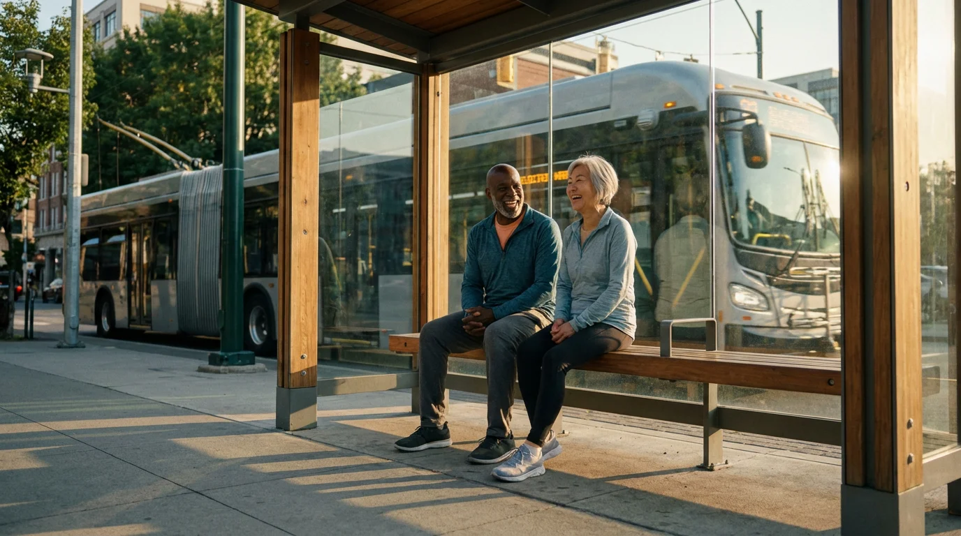 A senior couple smiles while sitting at a modern bus stop during a warm sunset.