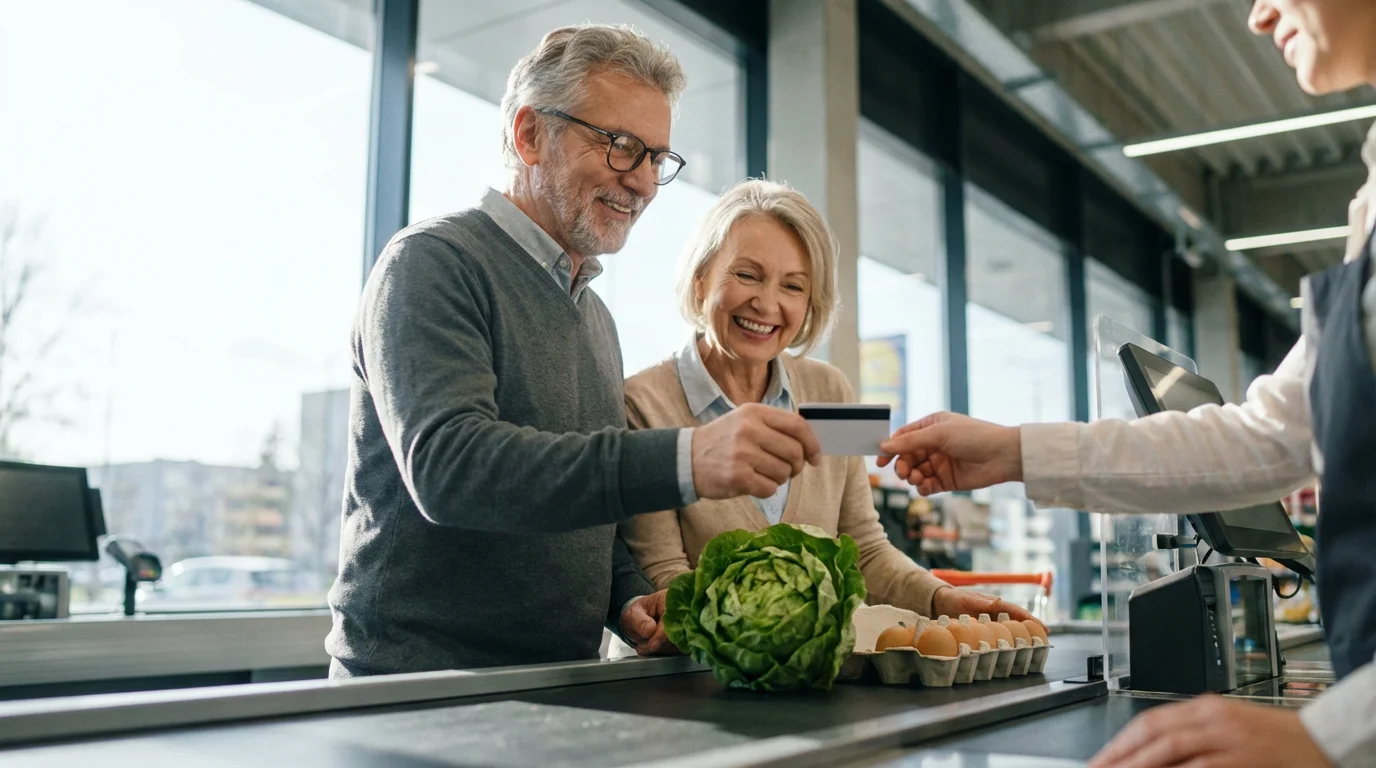 A senior couple smiling and using a store card at a grocery checkout counter.