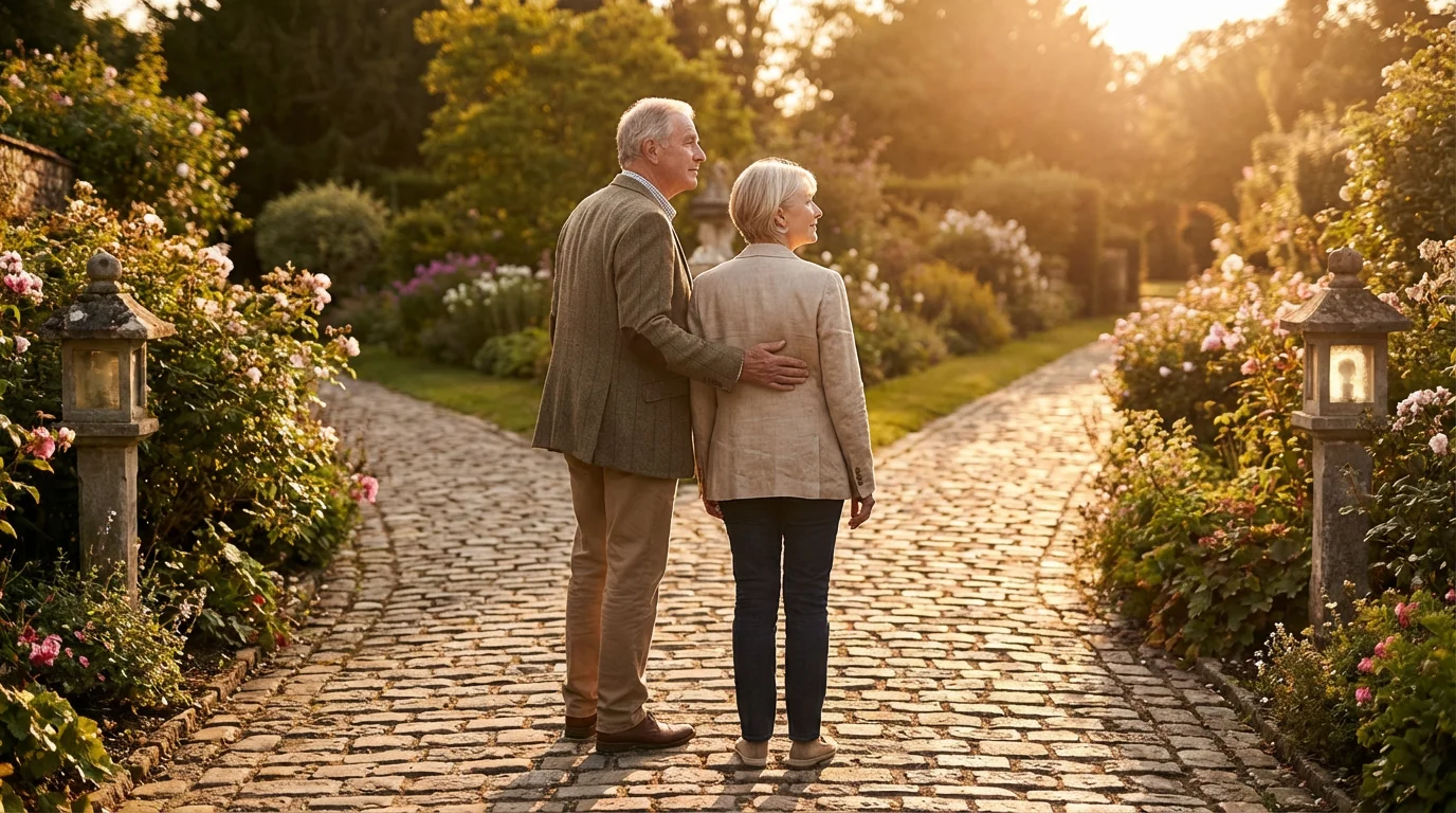 A senior couple stands at a fork in a garden path during golden hour.