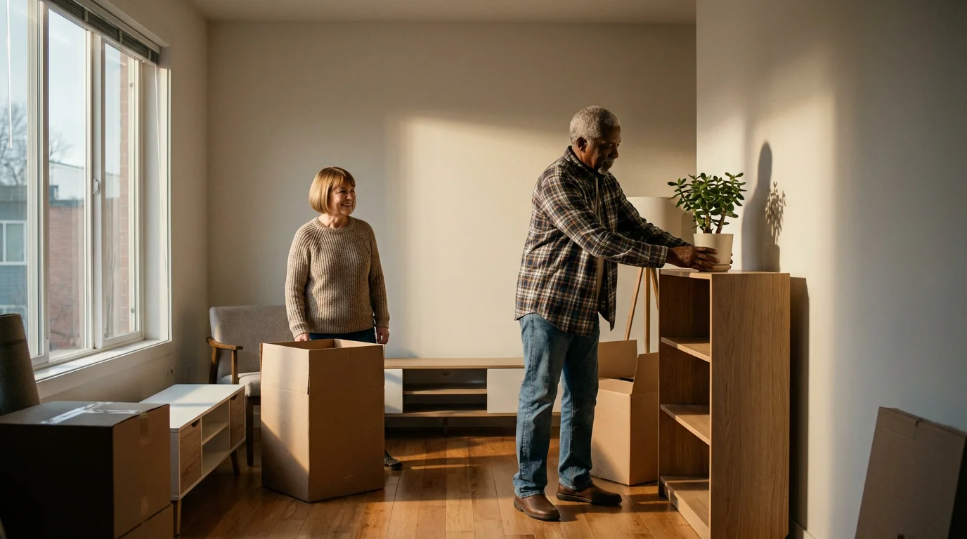 A senior couple unpacking in their new, modern apartment during a sunny afternoon.