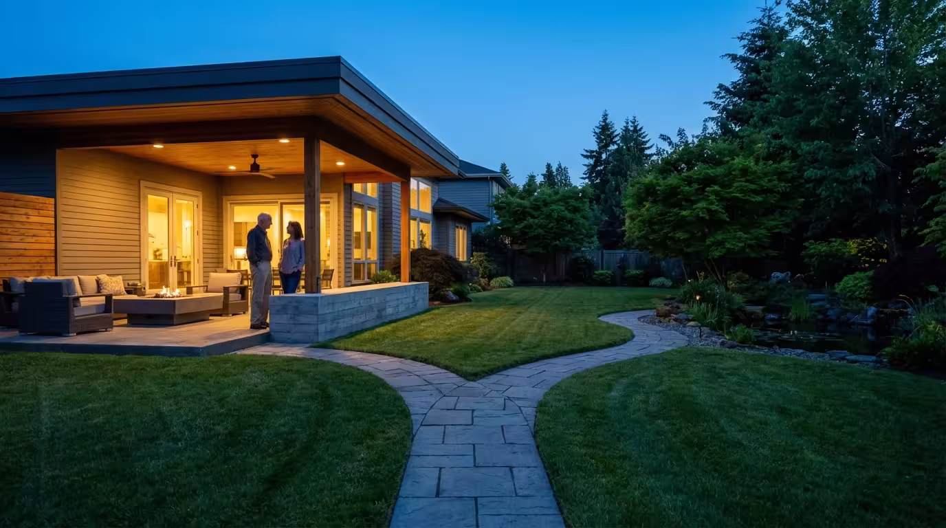 A senior father and adult daughter on a home patio at dusk looking at a forked path.
