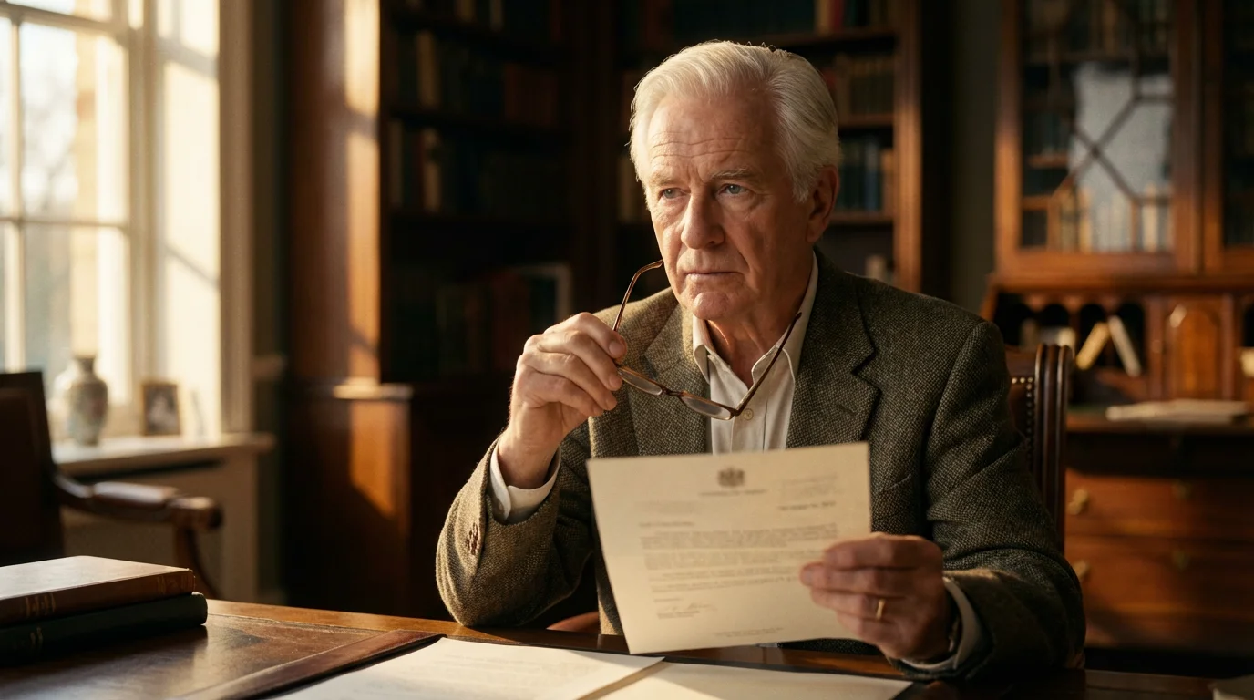 A senior man at a desk thoughtfully reviewing an official letter during golden hour.
