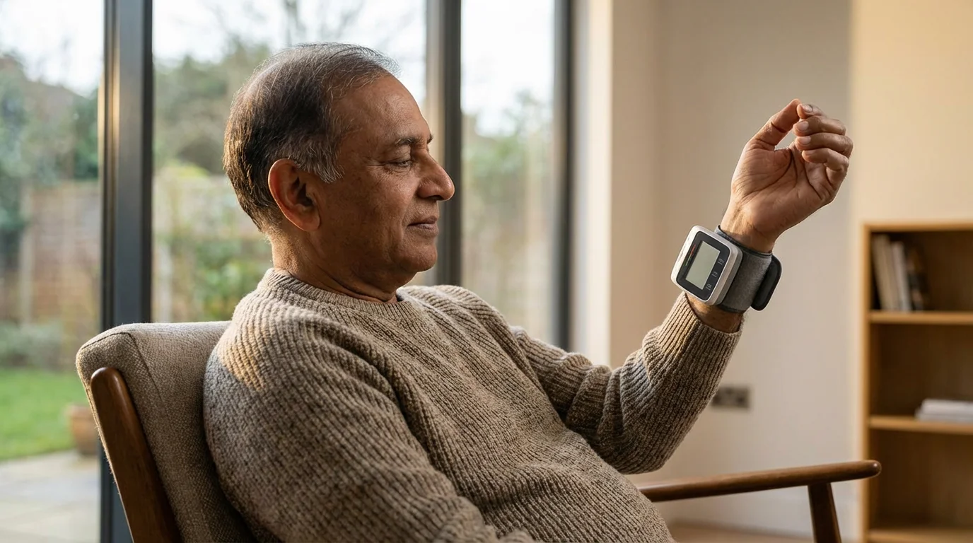 A senior man checks his blood pressure by a sunny window in his home.