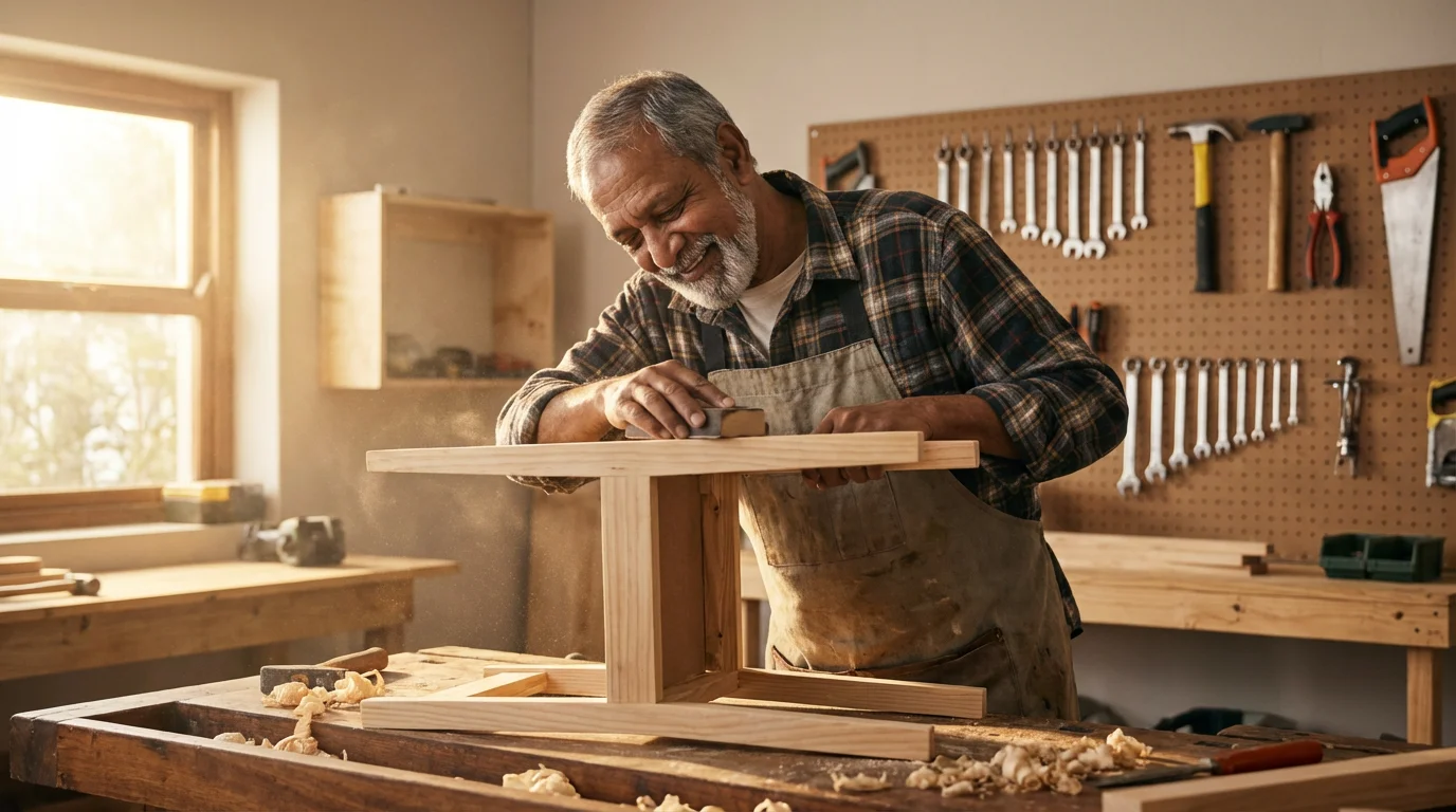 A senior man happily works on a woodworking hobby in his garage workshop.