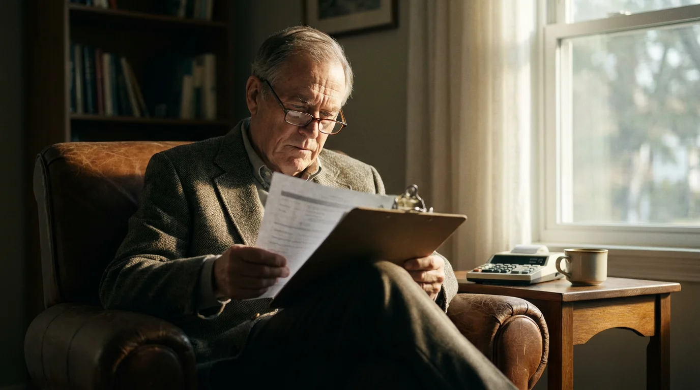 A senior man in an armchair carefully reviews financial documents in a sunlit room.
