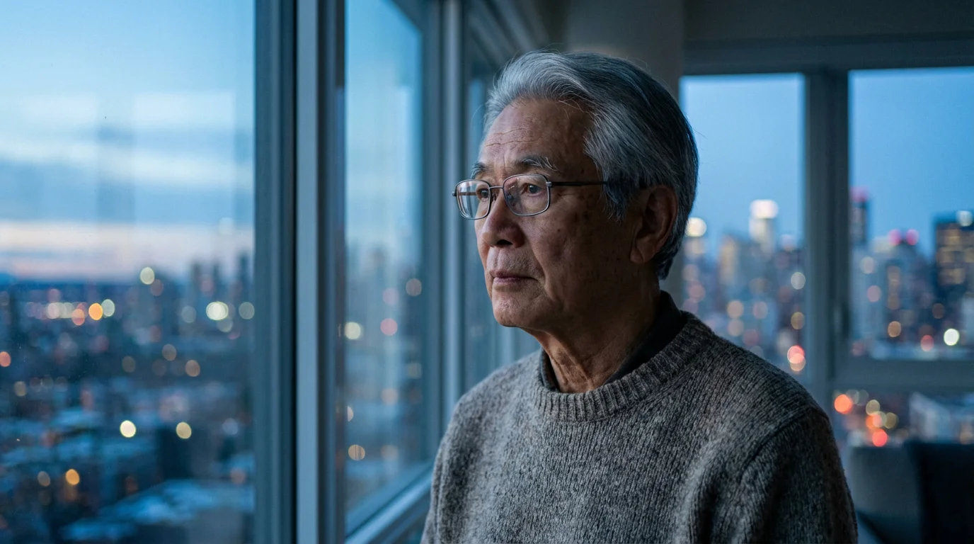 A senior man in glasses looks thoughtfully out his apartment window at dusk.