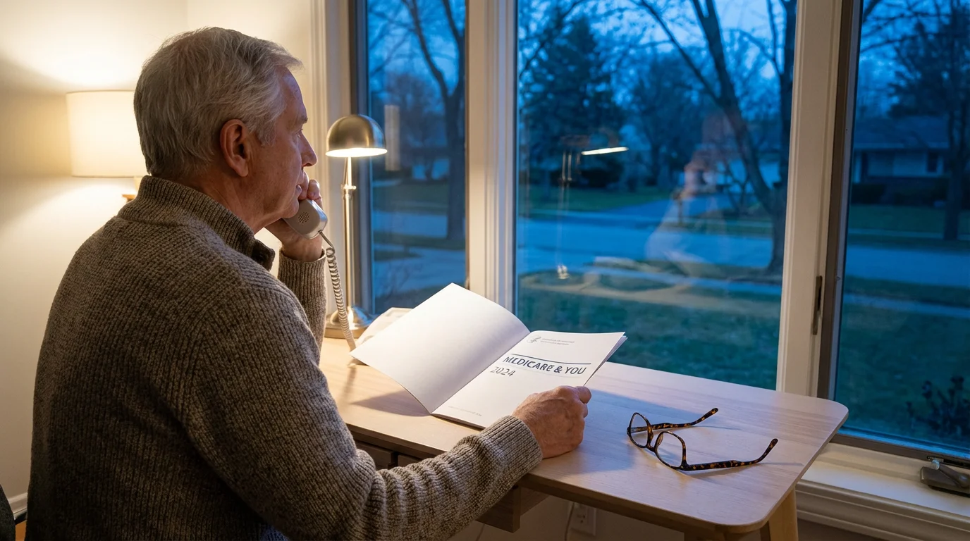 A senior man on the phone at his desk reviewing a pamphlet during twilight.