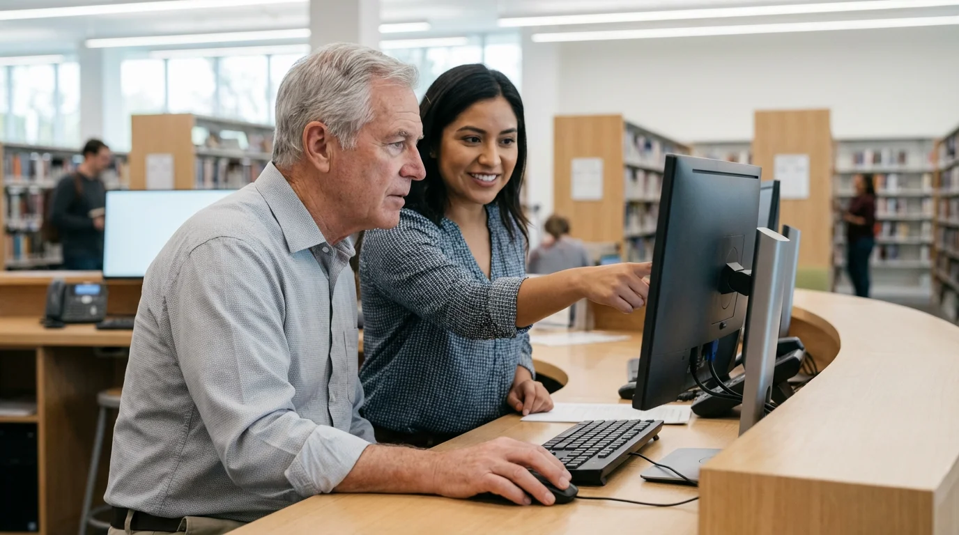 A senior man receives on-the-job computer training from a younger colleague in a library.