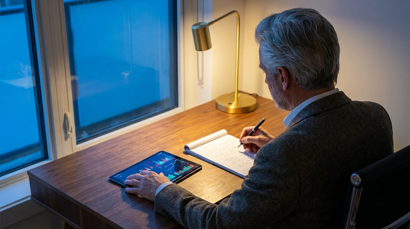 A senior man reviews his retirement budget on a tablet at his desk during evening.