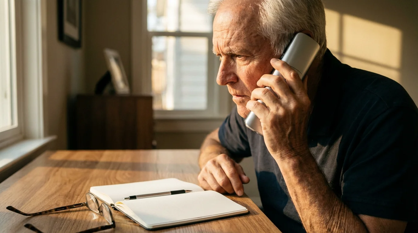 A senior man sits at a desk in the afternoon light, making a phone call.