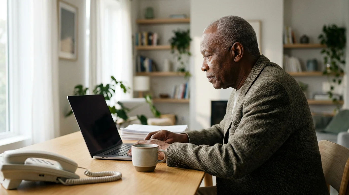 A senior man sits at a desk with a laptop, preparing to apply online.