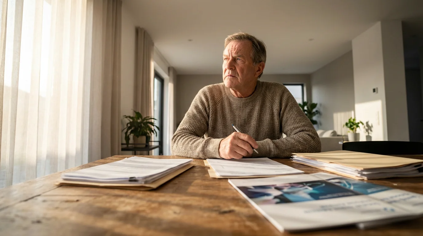 A senior man sits at a table covered in paperwork, contemplating complex Medicare choices.