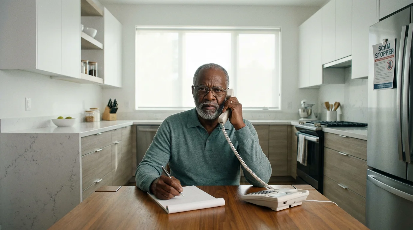 A senior man sits at his kitchen table, reporting a scam on the phone.