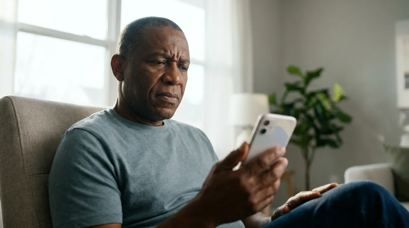 A senior man sits in an armchair, skeptically examining a message on his smartphone.