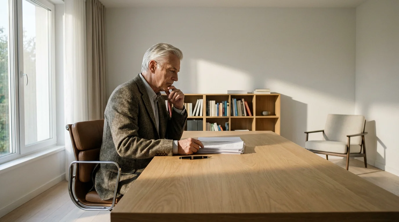 A senior man sitting at a desk in a modern home office reviewing documents.
