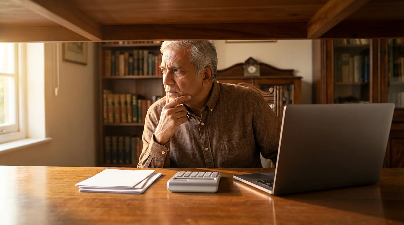 A senior man sitting at a desk in the warm light of golden hour, contemplating a decision.