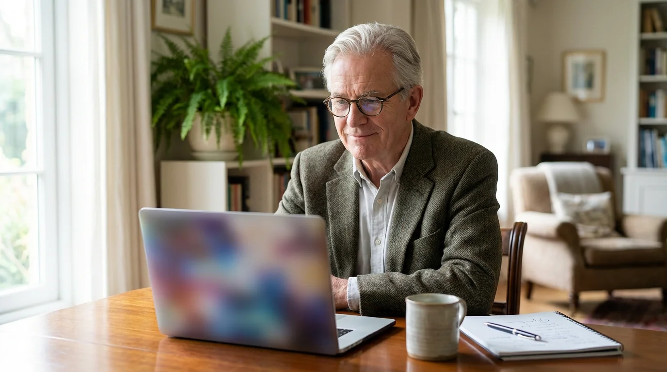A senior man sitting at a desk, using a laptop to research volunteering opportunities.