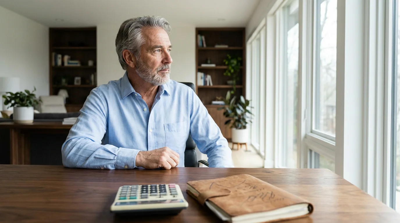 A senior man sitting at a home office desk, thoughtfully planning his retirement finances.