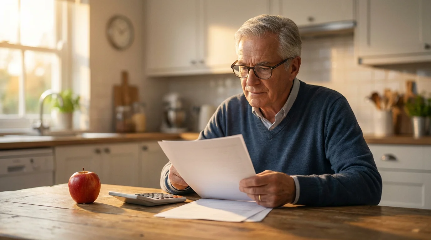 A senior man sitting at a kitchen table reviewing papers during a warm golden hour.