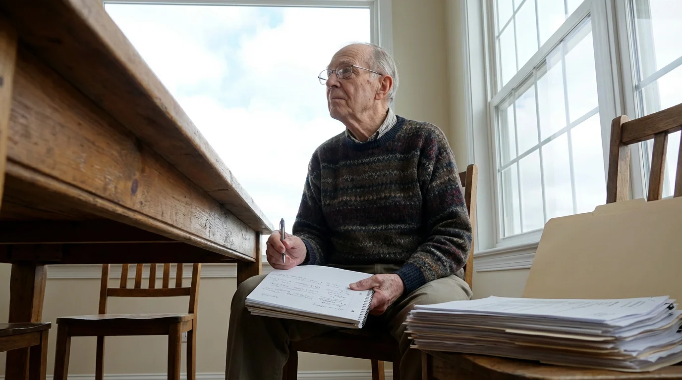 A senior man sitting at a table with a notepad and folders, preparing paperwork.
