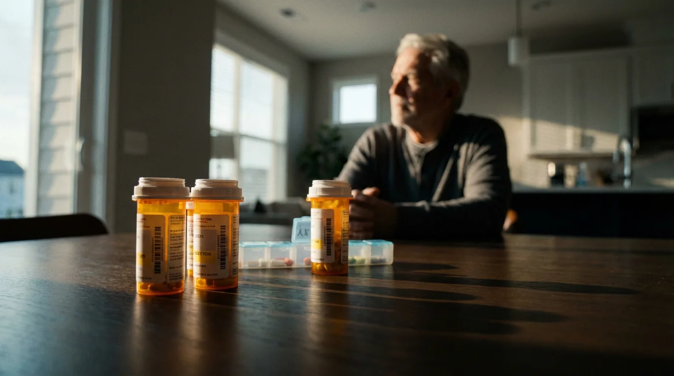 A senior man sitting at a table with several prescription pill bottles, thinking.