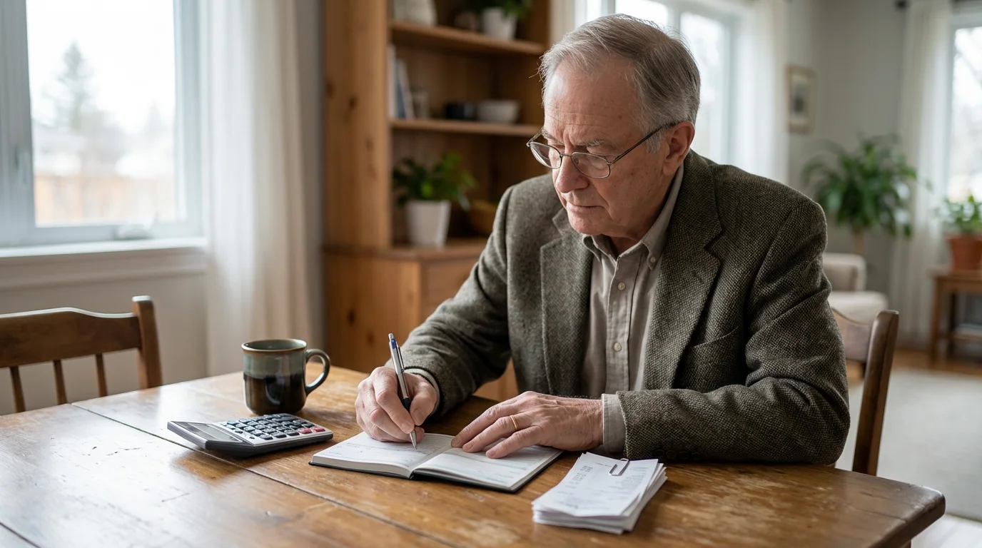 A senior man sitting at a table writing in a checkbook register.