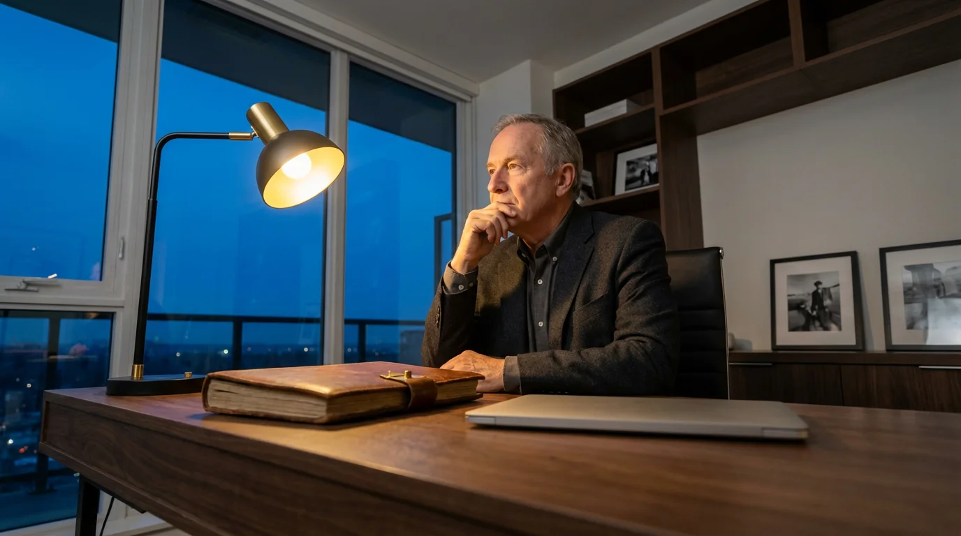 A senior man sitting thoughtfully at his home office desk during blue hour.