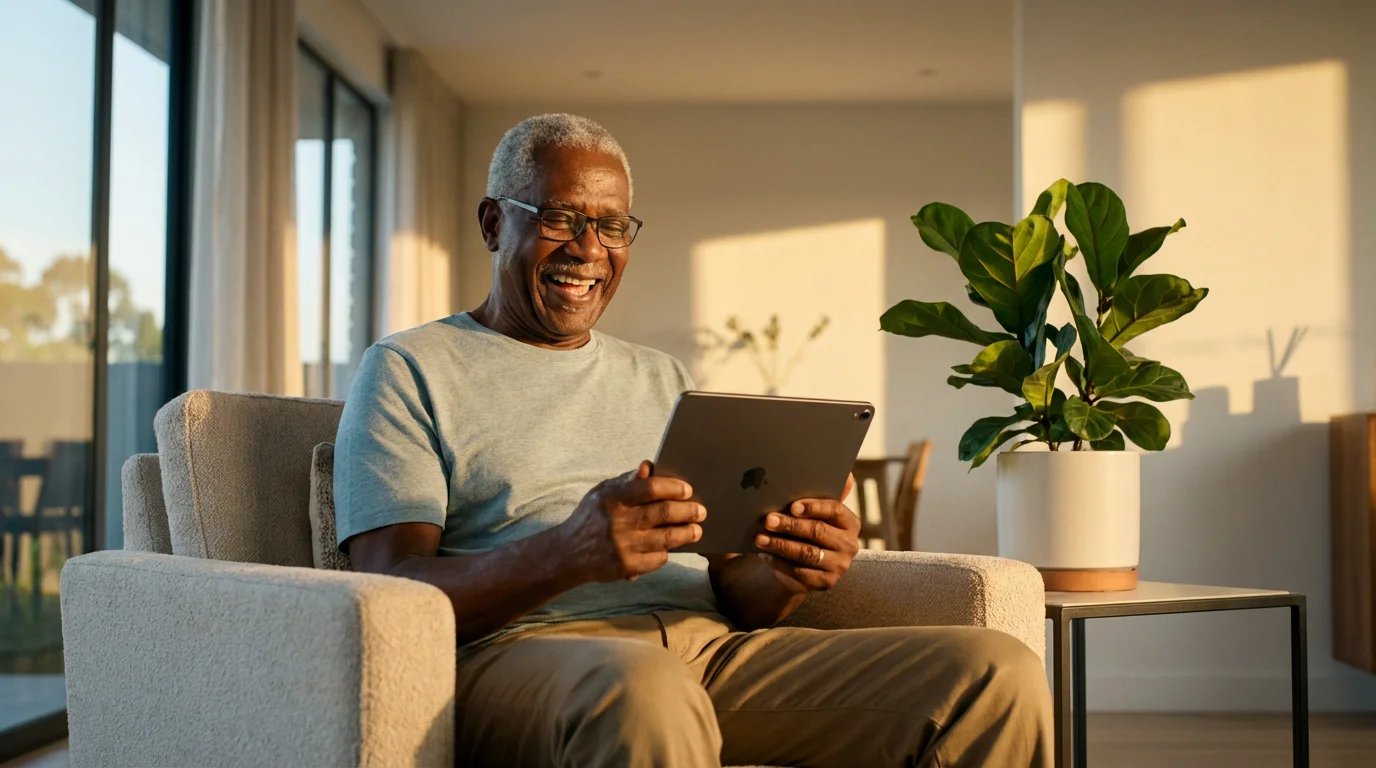 A senior man smiles while using a digital tablet in his living room during golden hour.