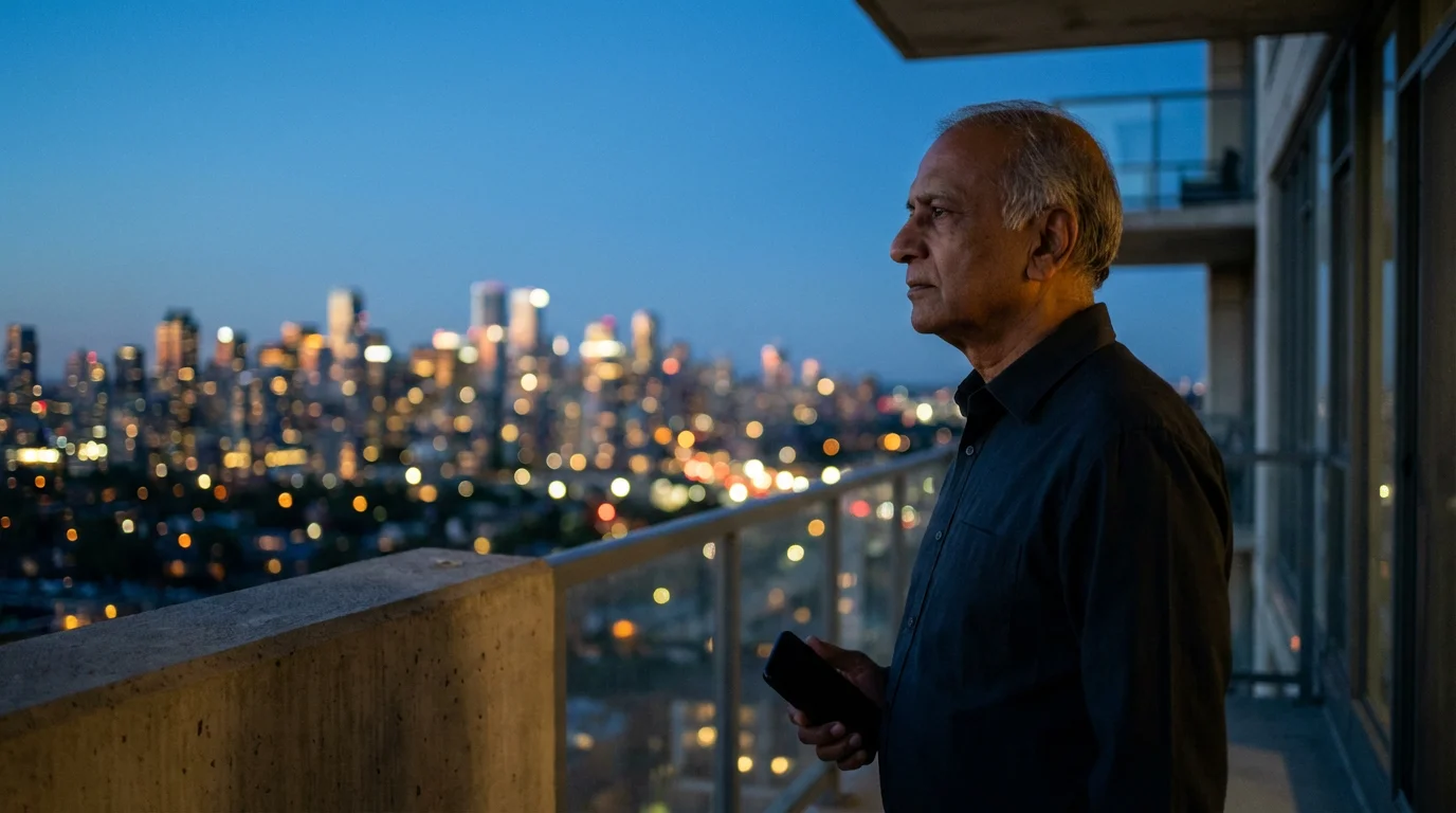 A senior man standing on a city balcony at dusk, looking at the skyline.