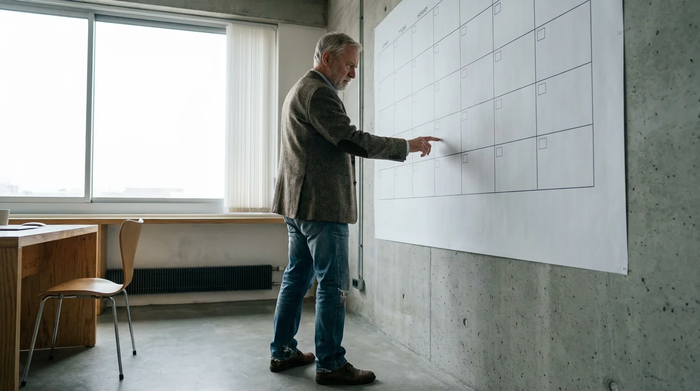 A senior man stands thoughtfully before a large, blank wall calendar, contemplating timing decisions.
