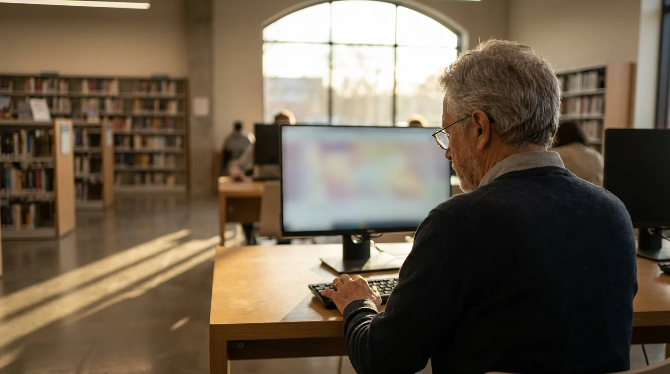 A senior man viewed from over his shoulder, using a computer in a library.