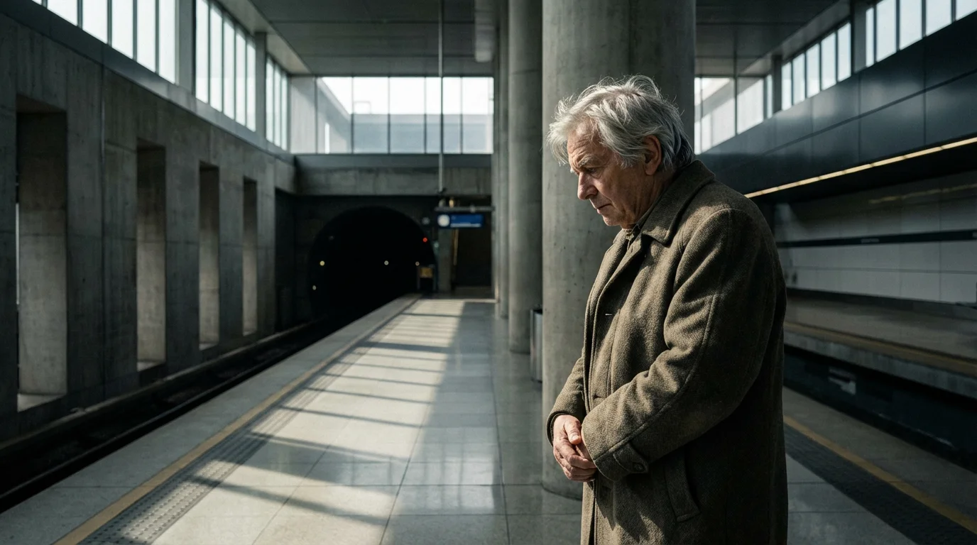 A senior man waiting alone on a modern subway platform with long shadows.