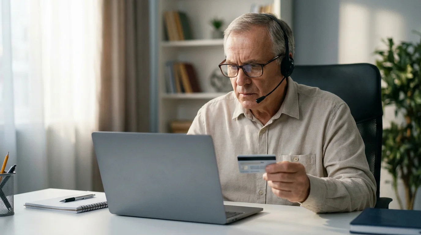 A senior man with a headset on the phone while looking at his laptop.