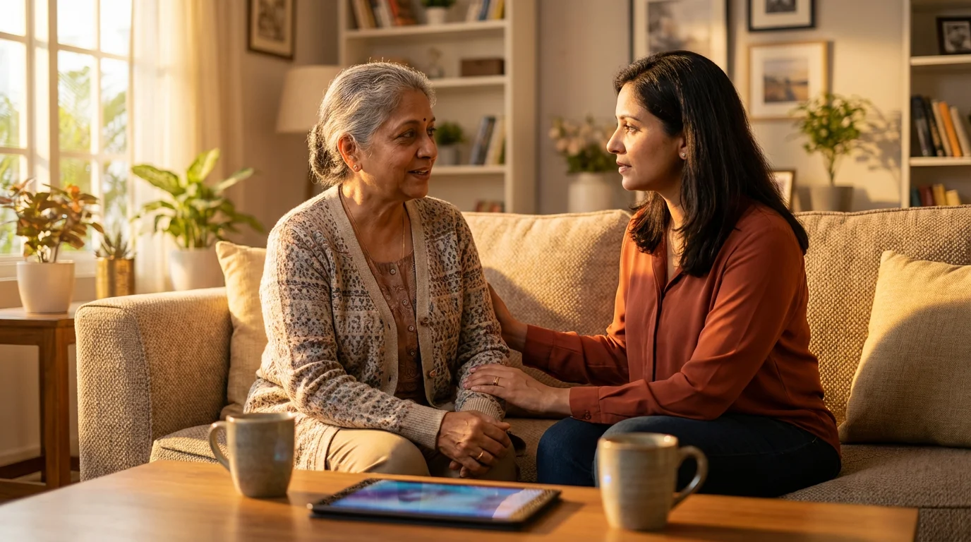 A senior mother and her adult daughter having a supportive conversation in their living room.