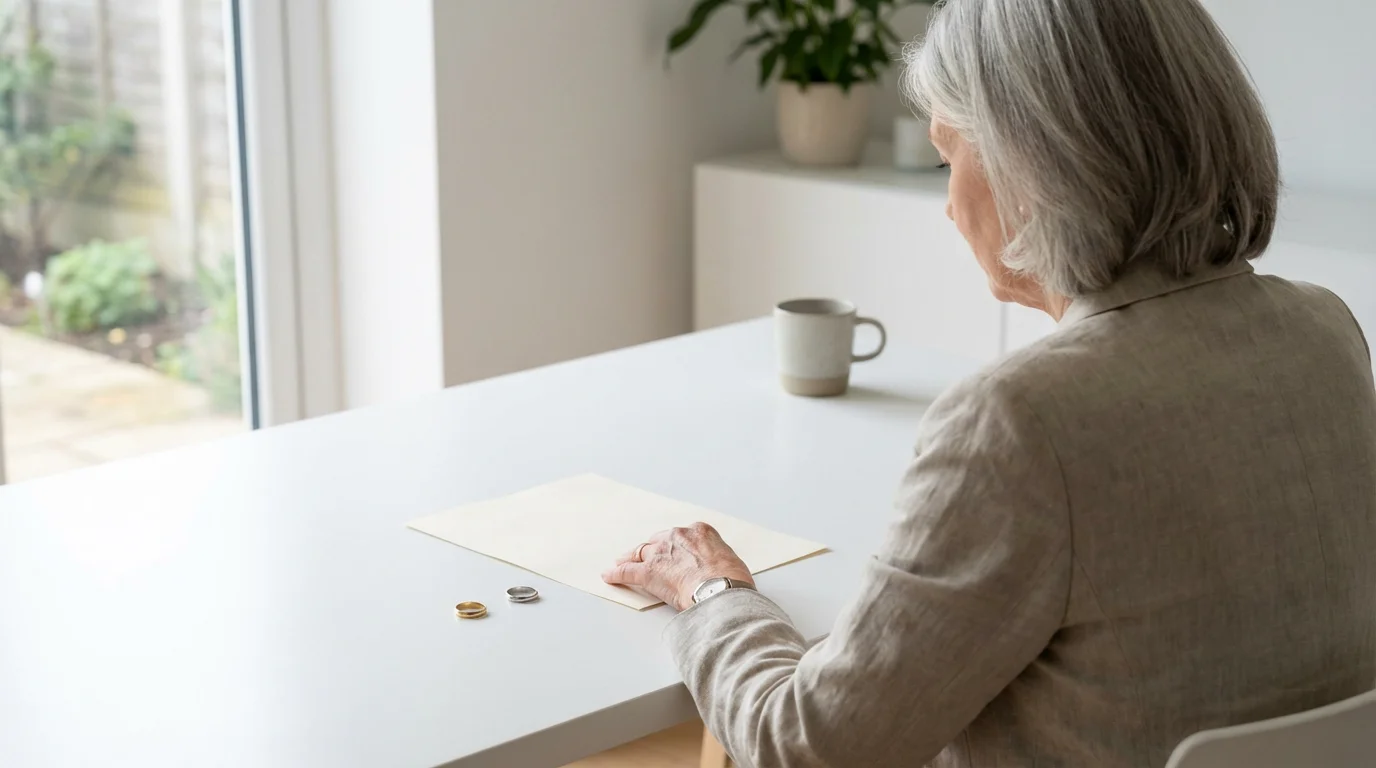 A senior person contemplates a document next to two separated wedding bands on a desk.