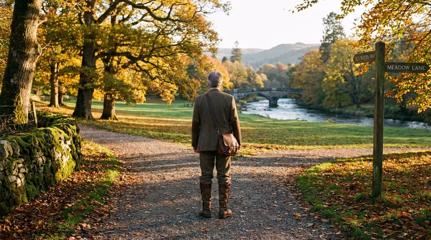 A senior person stands at a fork in a path during a golden sunset.