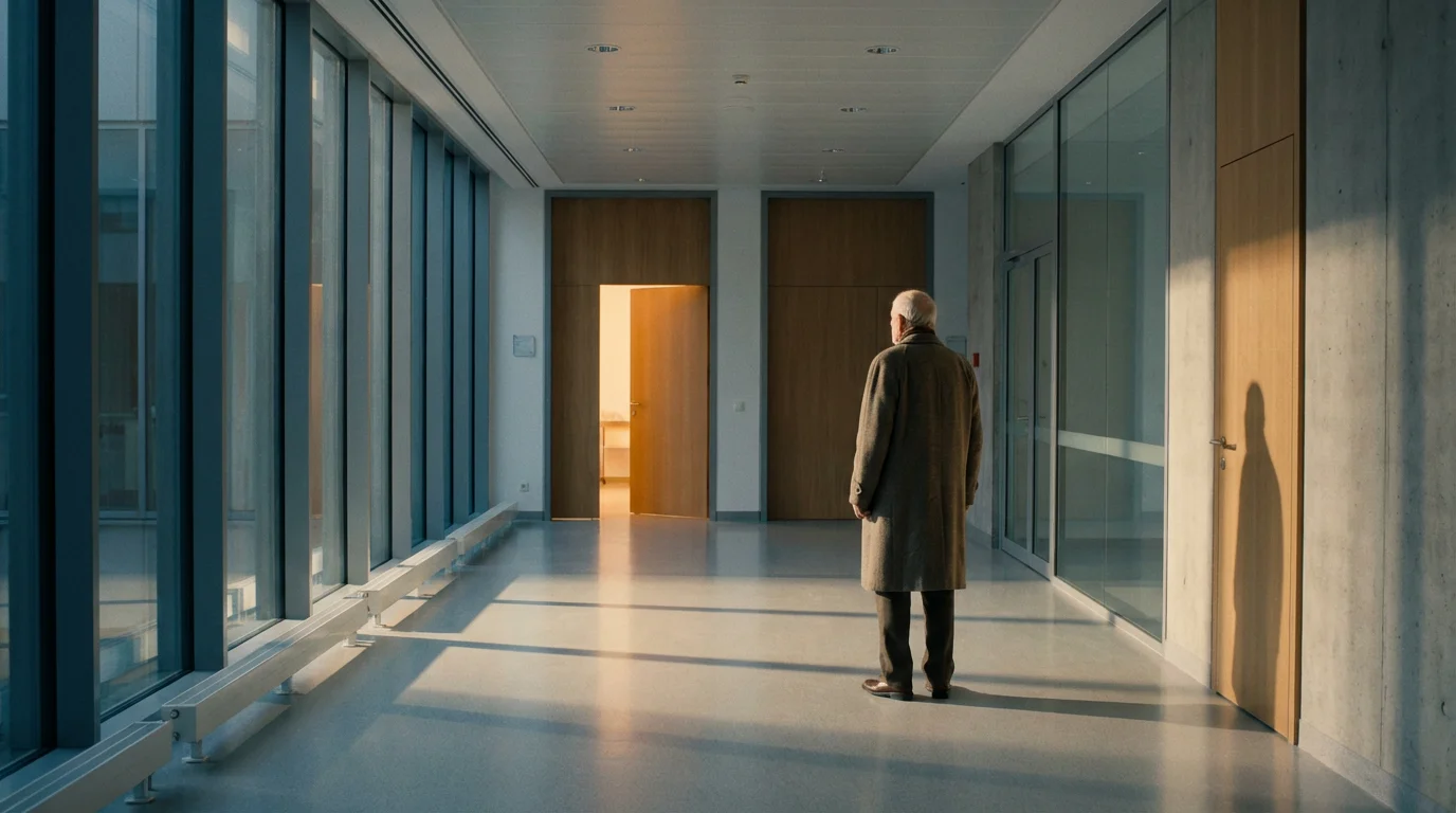 A senior person stands in a long, empty hospital corridor facing two doors.