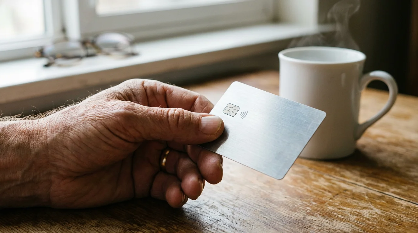 A senior person's hand carefully holds a blank credit card in soft morning light.