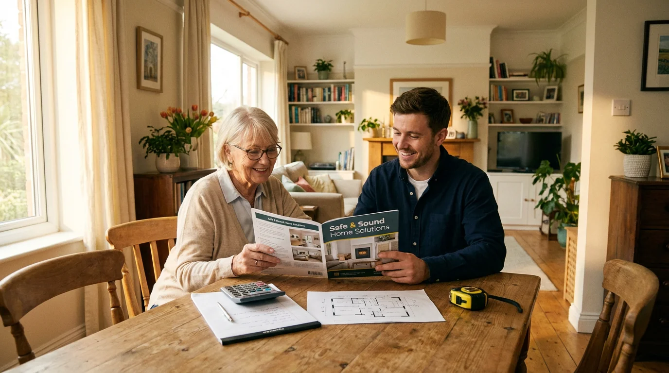 A senior woman and a man planning affordable home safety modifications at a sunlit table.